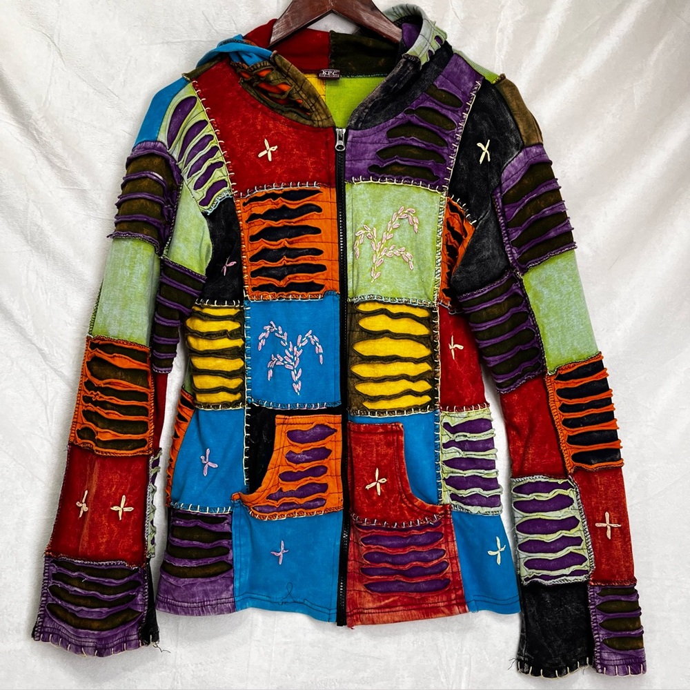 KPC Women Full Zip Hoodie Jacket Size XL Patchwork Hippie Boho Embroidered Coat